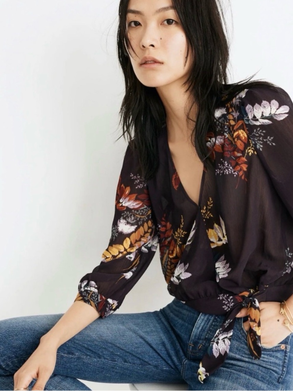 Madewell Dark Plum Floral Tie-Hem Blouse